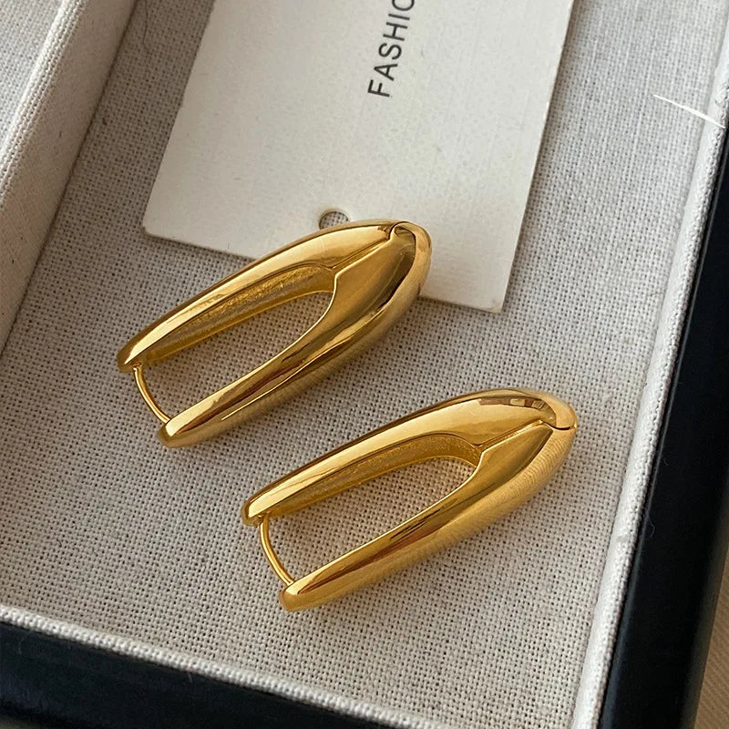 Vintage Gold Color Oval Hoop Earrings for Women Fashion Metal Smooth Geometric Ear Buckle Earring 2024 Party Jewelry Gift